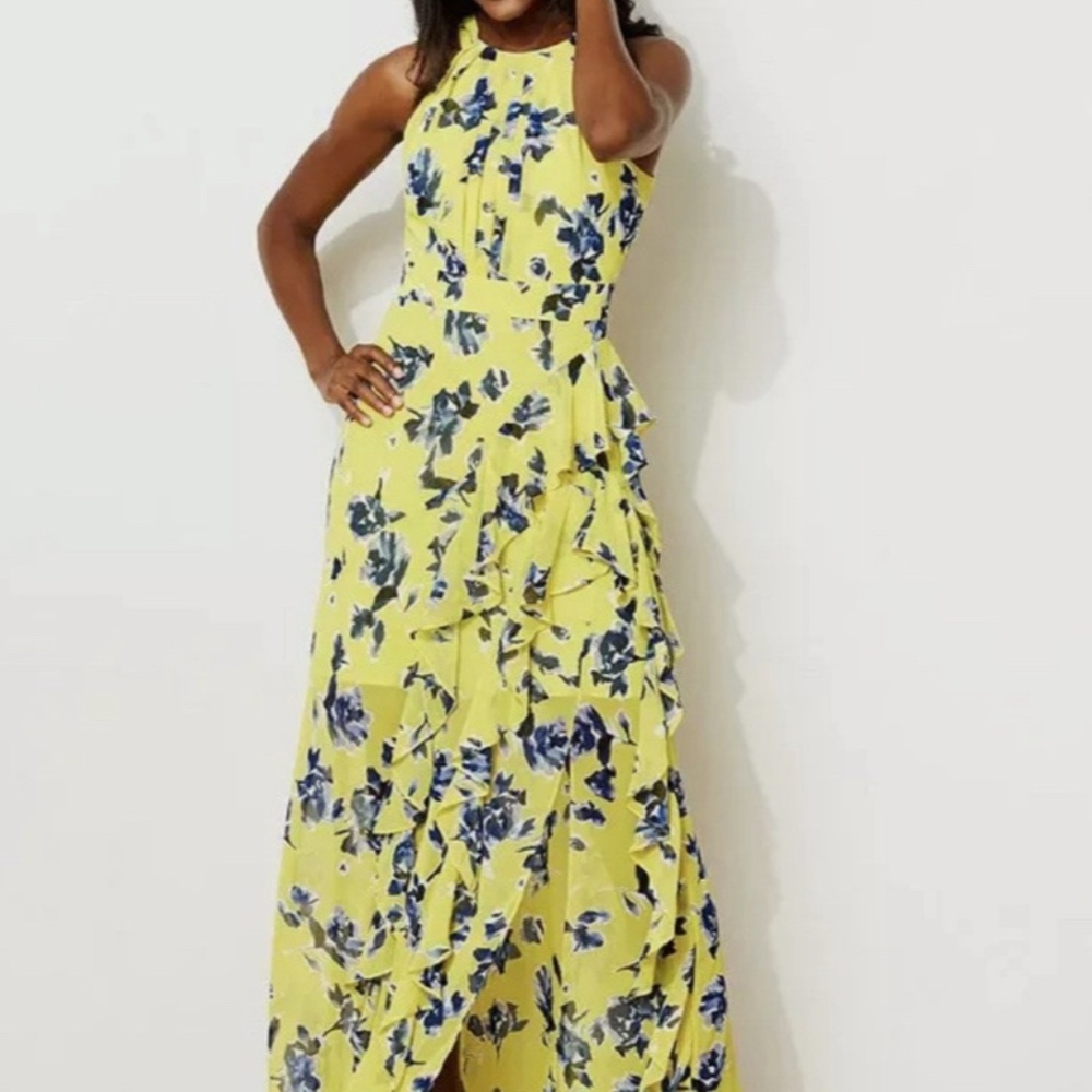 Eliza J Halter Ruffle Maxi Dress Yellow Floral Sleeveless Long